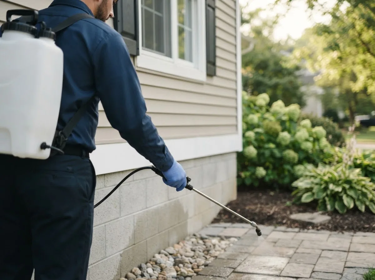 Pest control technician inspecting a home in Flora, IL